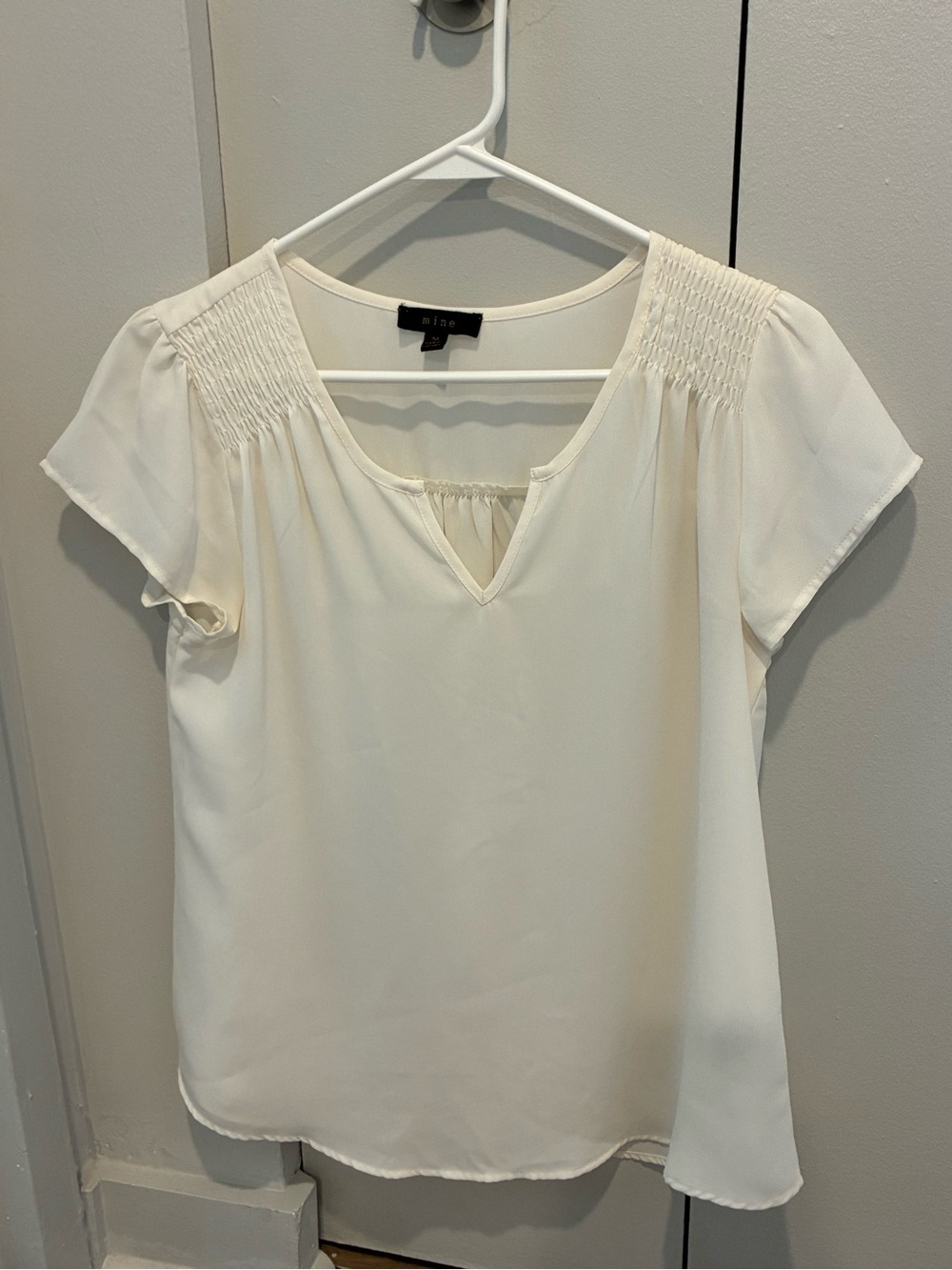 mine Cream Smocked Shoulder V-Notch Short Sleeve Blouse